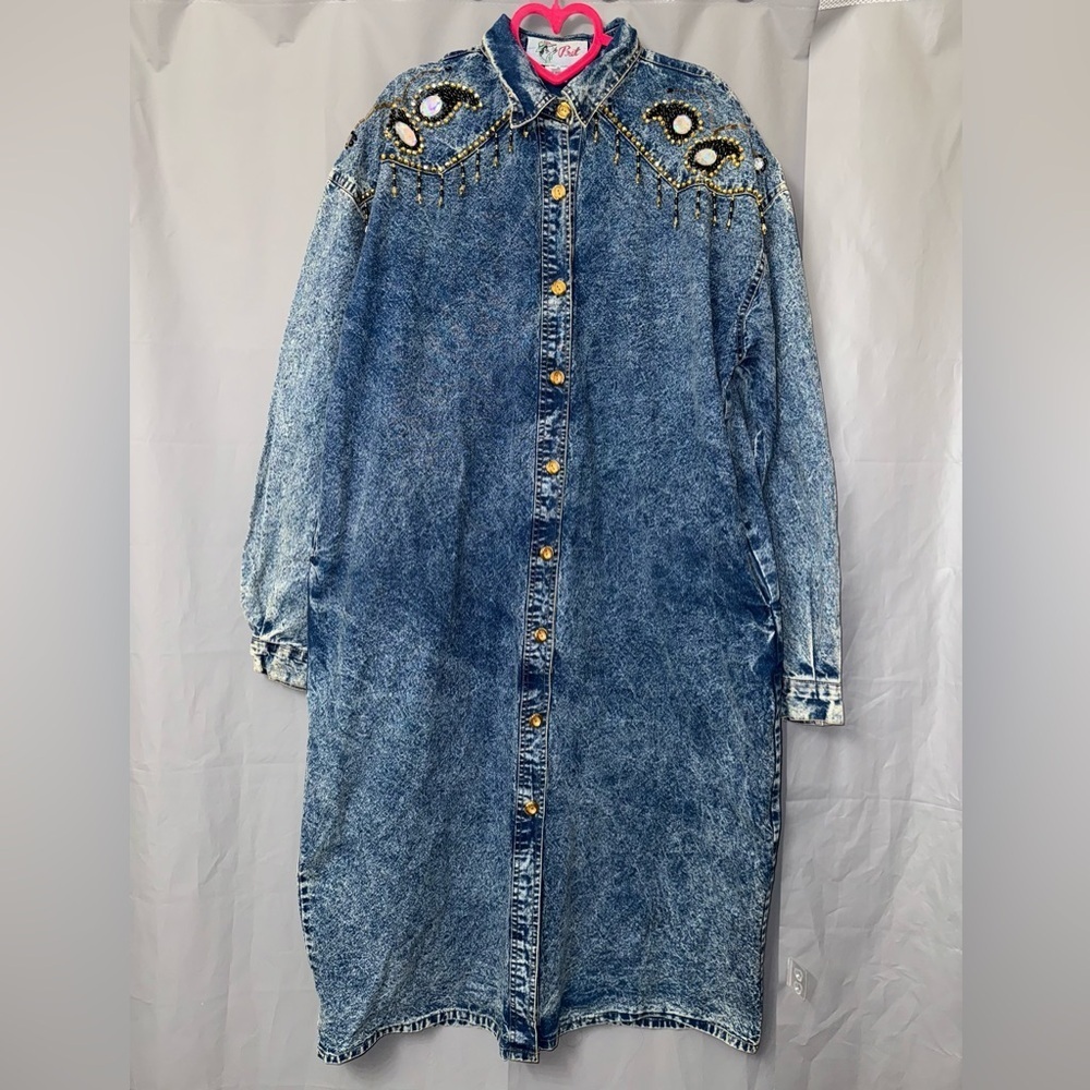 Pret Vintage Beaded 100% Cotton Denim Dress With Pockets Size L